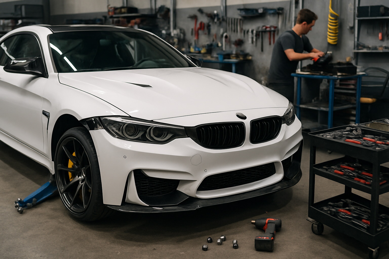 High performance car undergoing custom upgrades